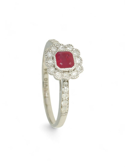 Ruby & 0.24ct Round Brilliant Cut Diamond Cluster Ring in 9ct White Gold with Diamond Shoulders