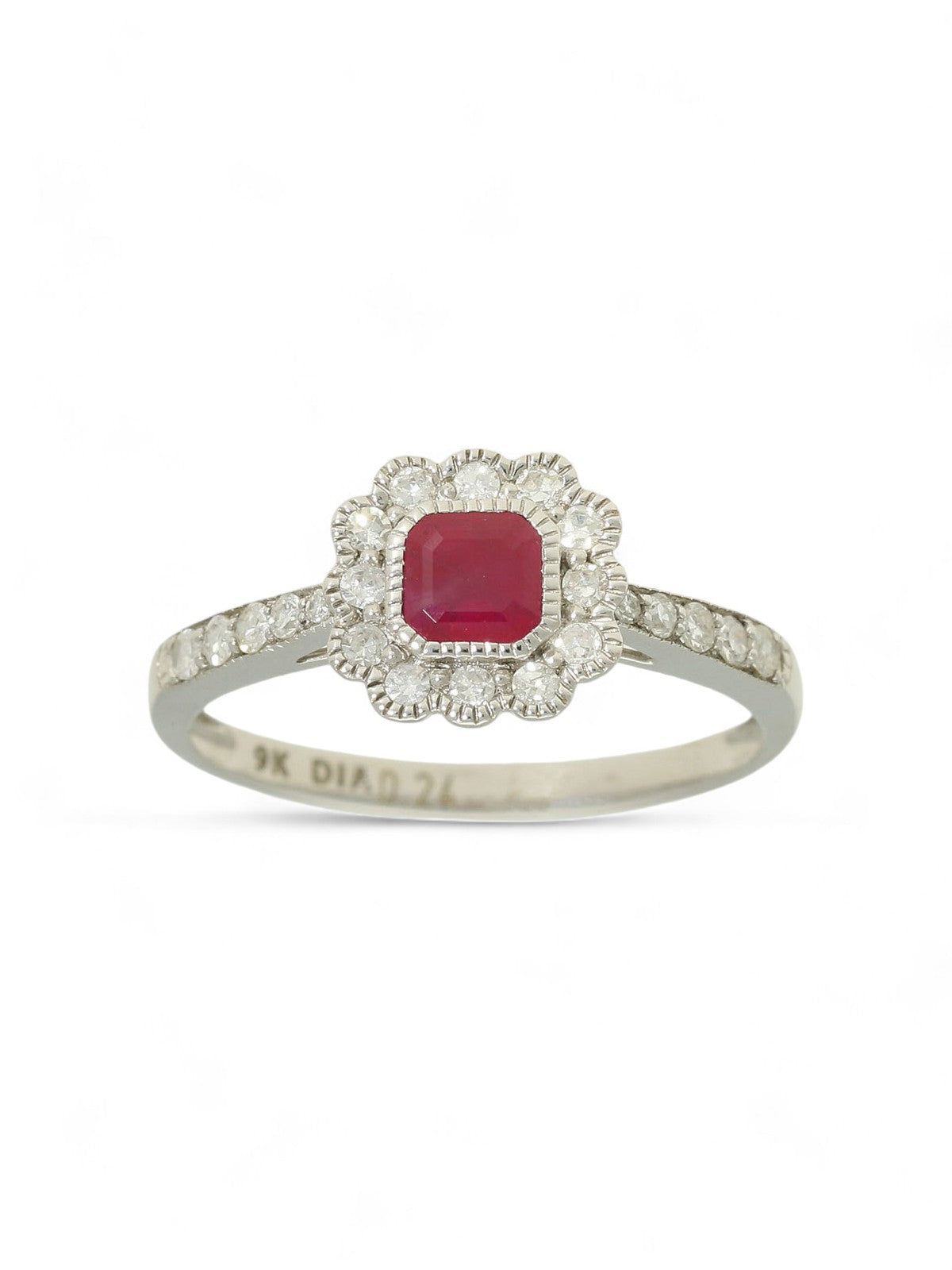 Ruby & Diamond Cluster Ring in 9ct White Gold