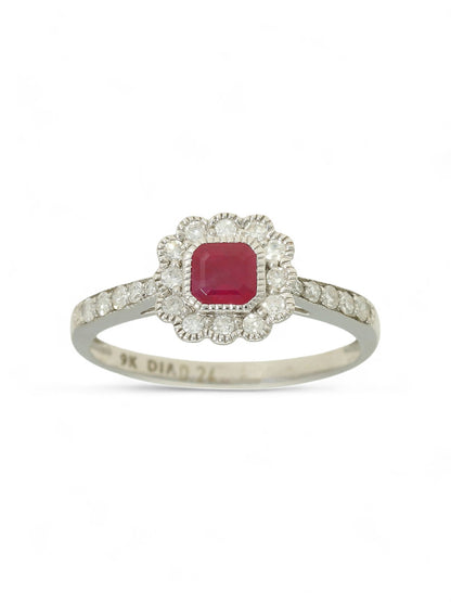 Ruby & 0.24ct Round Brilliant Cut Diamond Cluster Ring in 9ct White Gold with Diamond Shoulders