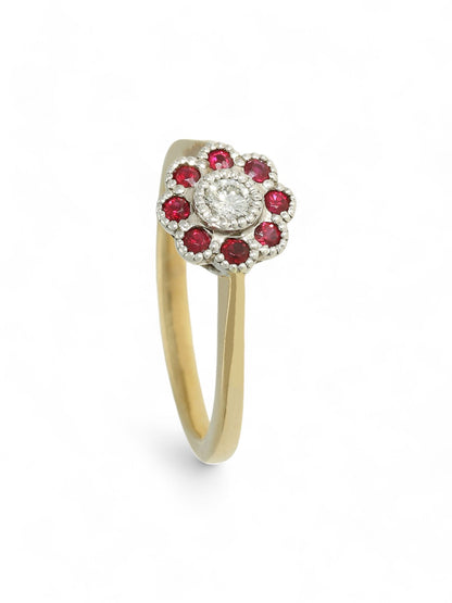 Ruby & Diamond Cluster Ring in 9ct Yellow Gold