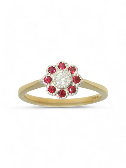 Ruby & Diamond Cluster Ring in 9ct Yellow Gold