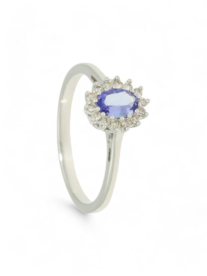 Tanzanite & Diamond Oval Cut Cluster Ring in 9ct White Gold