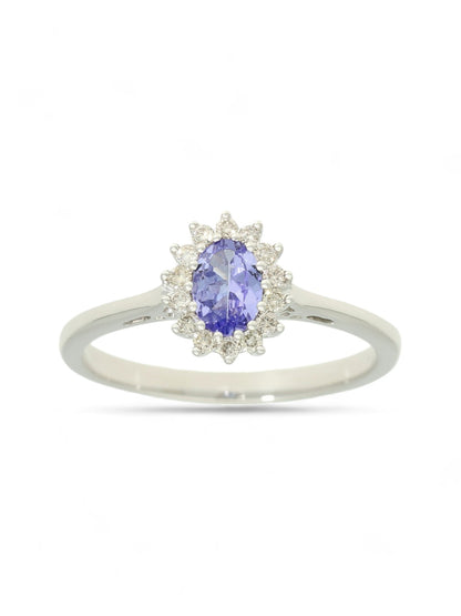 Tanzanite & Diamond Oval Cut Cluster Ring in 9ct White Gold