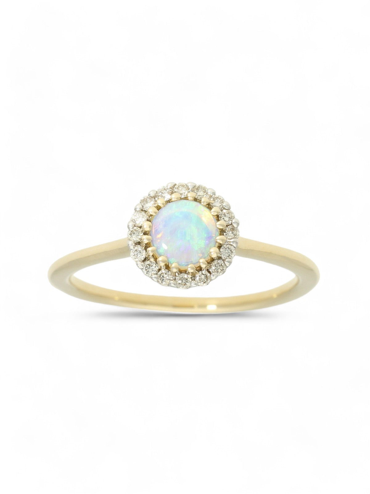 Opal & Diamond Round Brilliant Halo Ring in 9ct Yellow Gold