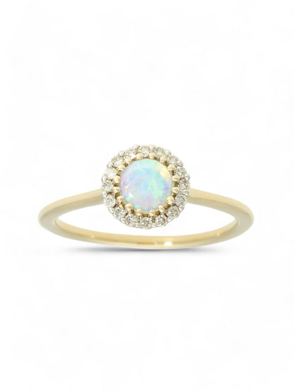 Opal & Diamond Round Brilliant Halo Ring in 9ct Yellow Gold