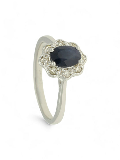 Sapphire & Diamond Fancy Flower Cluster Ring in 9ct White Gold