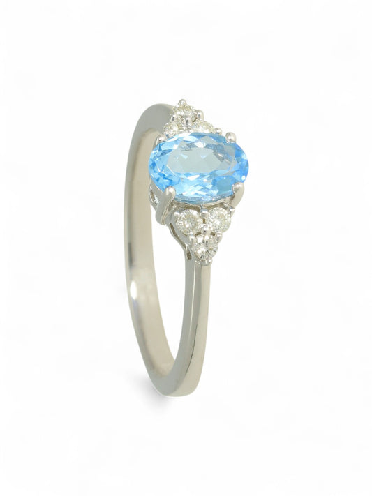 Blue Topaz & Diamond Trefoil Ring in 9ct White Gold