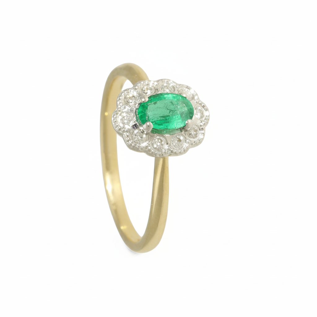 Emerald & Diamond Cluster Ring with 7x5mm Emerald and 0.10ct of Round Brilliant Diamonds in 9ct Yellow & White Gold