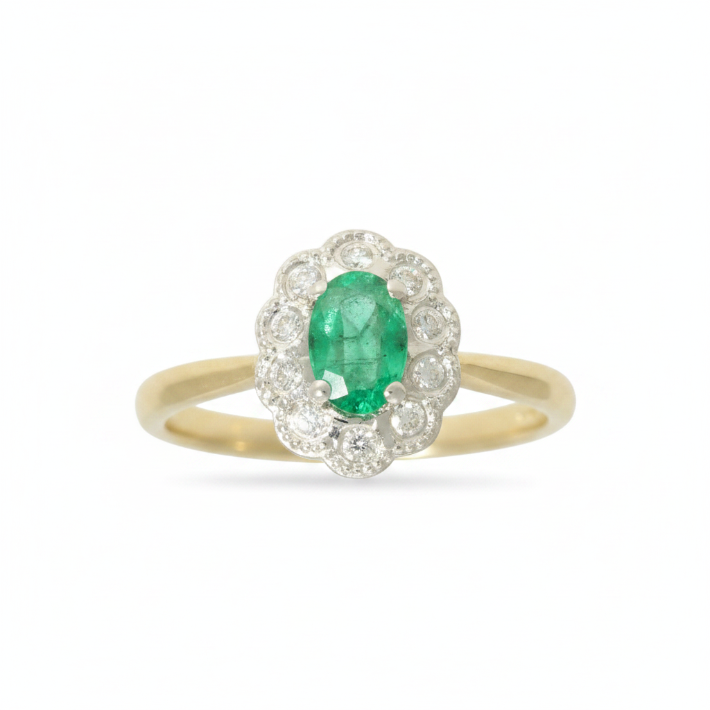 Emerald & Diamond Cluster Ring with 7x5mm Emerald and 0.10ct of Round Brilliant Diamonds in 9ct Yellow & White Gold