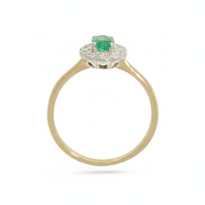 Emerald & Diamond Cluster Ring with 7x5mm Emerald and 0.10ct of Round Brilliant Diamonds in 9ct Yellow & White Gold