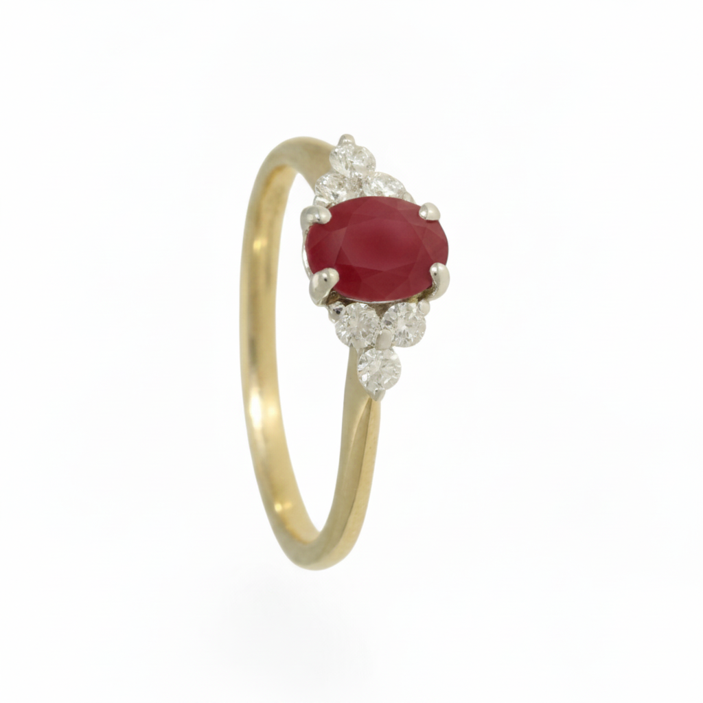 Ruby & Diamond Trefoil Ring with 7x5mm Ruby and 0.22ct of Round Brilliant Diamonds in 9ct Yellow & White Gold