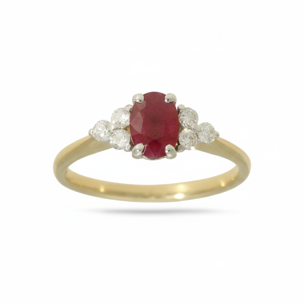 Ruby & Diamond Trefoil Ring with 7x5mm Ruby and 0.22ct of Round Brilliant Diamonds in 9ct Yellow & White Gold