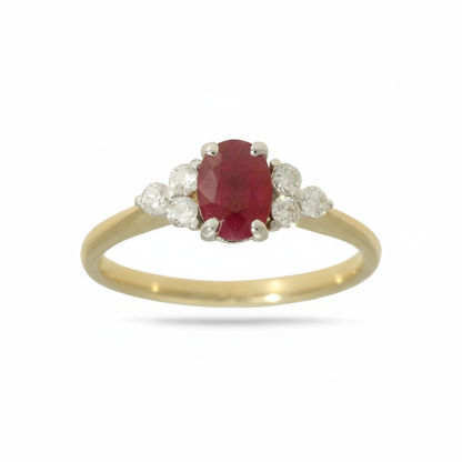 Ruby & Diamond Trefoil Ring with 7x5mm Ruby and 0.22ct of Round Brilliant Diamonds in 9ct Yellow & White Gold