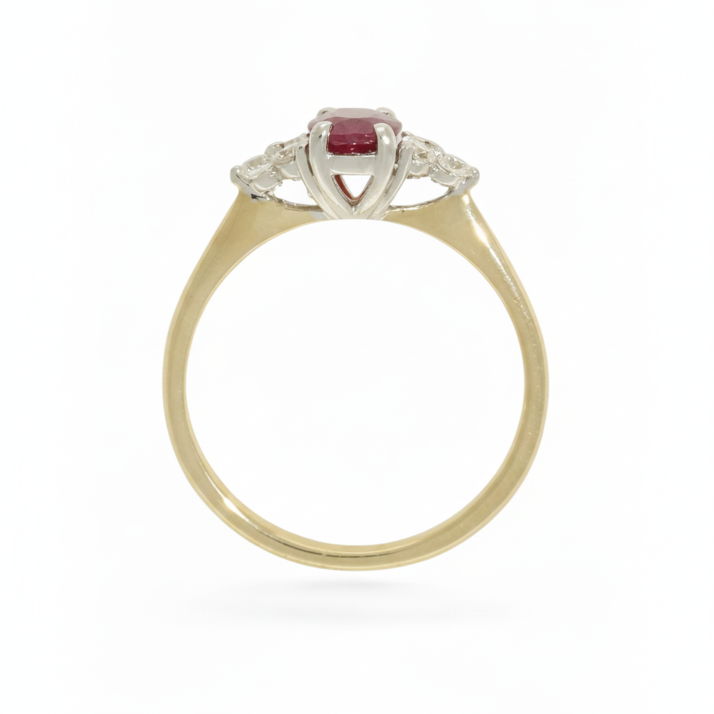 Ruby & Diamond Trefoil Ring with 7x5mm Ruby and 0.22ct of Round Brilliant Diamonds in 9ct Yellow & White Gold