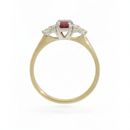 Ruby & Diamond Trefoil Ring with 7x5mm Ruby and 0.22ct of Round Brilliant Diamonds in 9ct Yellow & White Gold