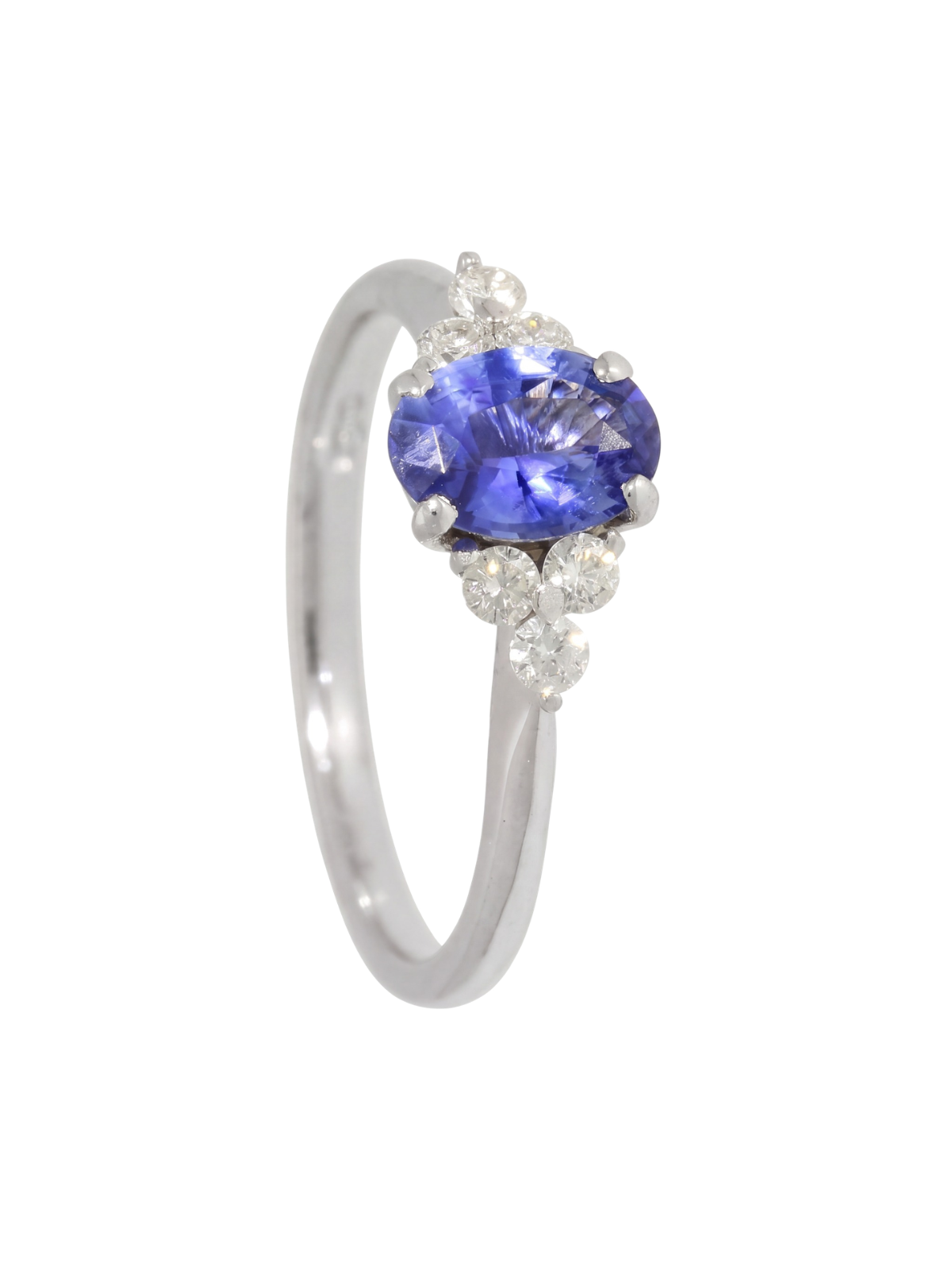 Sapphire & Diamond Trefoil Ring with 7x5mm Oval Sapphire & 0.22ct of Round Brilliant Diamonds in 9ct White Gold