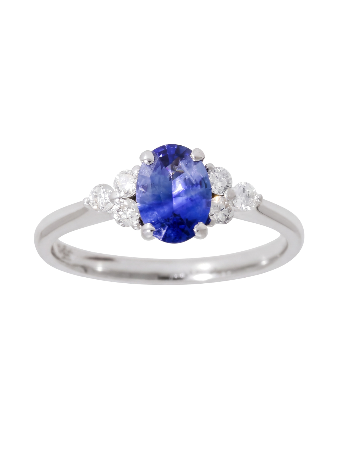 Sapphire & Diamond Trefoil Ring with 7x5mm Oval Sapphire & 0.22ct of Round Brilliant Diamonds in 9ct White Gold