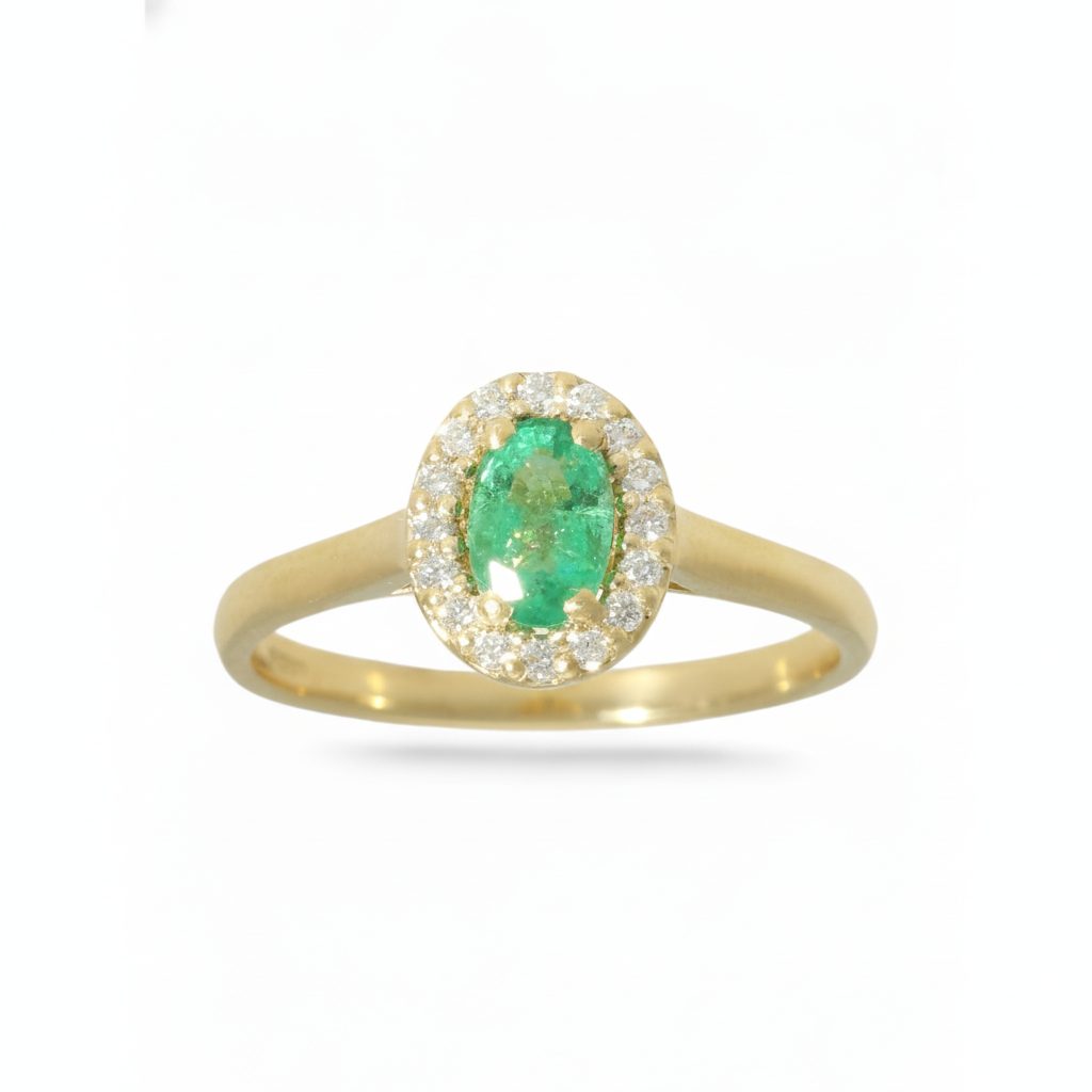 Emerald & Diamond Cluster Ring with 6x4mm Emerald and 0.12ct of Round Brilliant Diamonds in 9ct Yellow & White Gold (Copy)