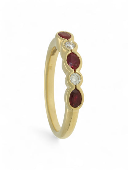 0.68ct Oval Cut Ruby & 0.11ct Round Brilliant Cut Diamond Five Stone Ring in 18ct Yellow Gold