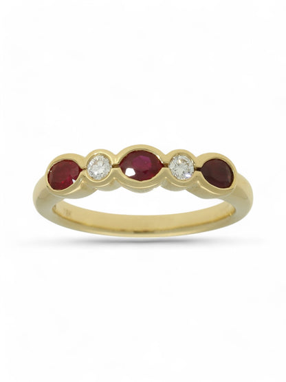 0.68ct Oval Cut Ruby & 0.11ct Round Brilliant Cut Diamond Five Stone Ring in 18ct Yellow Gold