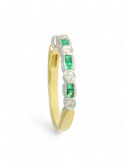 0.24ct Princess Cut Emerald & 0.16ct Round Brilliant Cut Diamond Half Eternity Ring in 18ct Yellow & White Gold