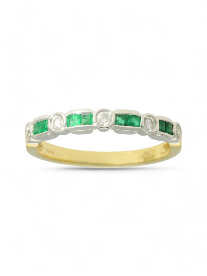 0.24ct Princess Cut Emerald & 0.16ct Round Brilliant Cut Diamond Half Eternity Ring in 18ct Yellow & White Gold