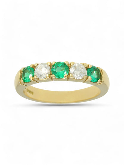 0.50ct Round Brilliant Cut Emerald & 0.35ct Round Brilliant Cut Diamond Five Stone Ring Round Brilliant Cut in 18ct Yellow Gold