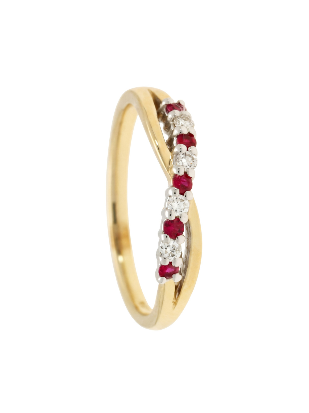 Ruby & Diamond Crossover Half Eternity Ring with 0.10ct of Round Brilliant Diamonds in 9ct Yellow & White Gold