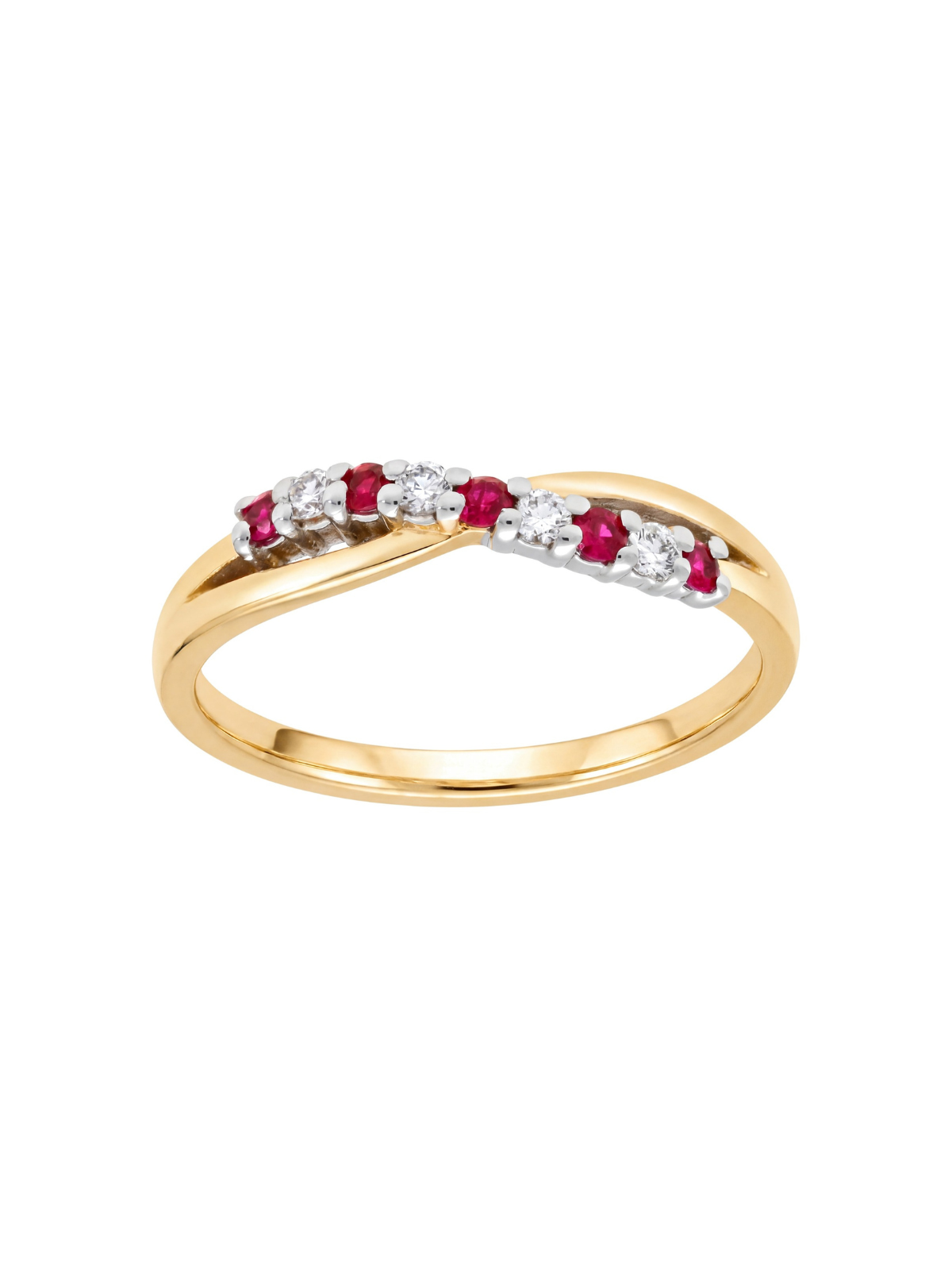Ruby & Diamond Crossover Half Eternity Ring with 0.10ct of Round Brilliant Diamonds in 9ct Yellow & White Gold