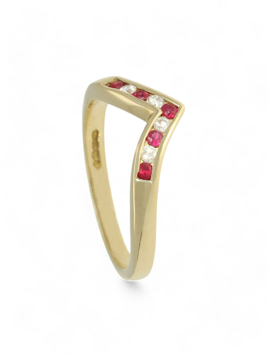 Ruby & Diamond Wishbone Half Eternity Ring in 9ct Yellow Gold