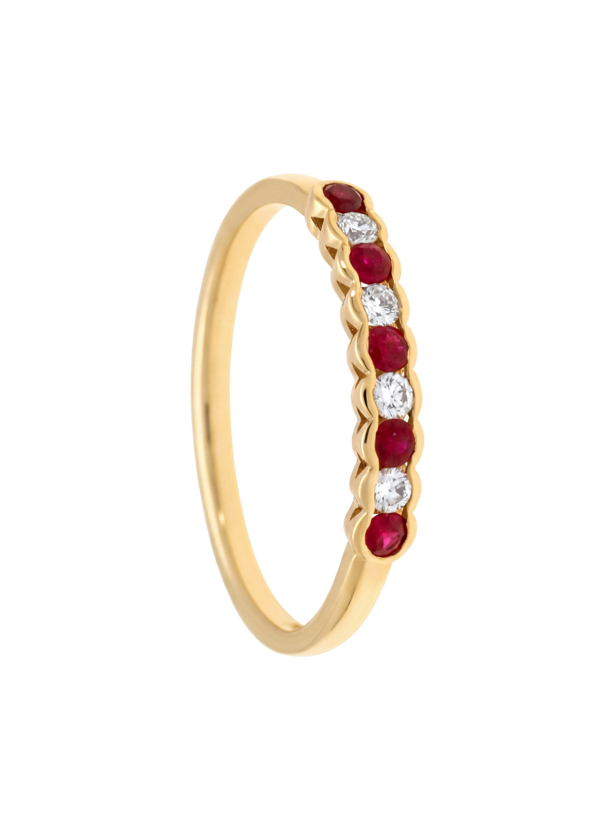 Ruby & Diamond Half Eternity Ring with 0.12ct of Round Brilliant Diamonds in 9ct Yellow Gold