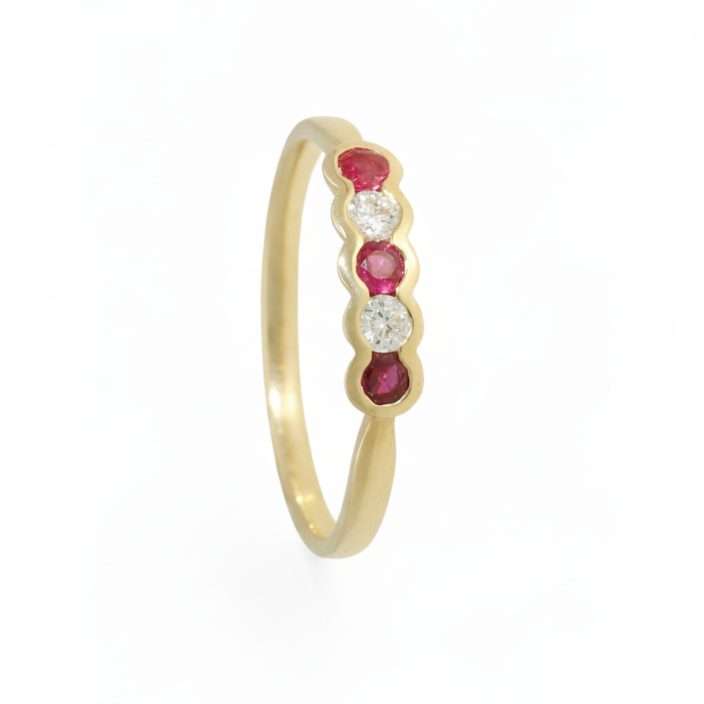 Ruby & Diamond 5 Stone Ring with 0.12ct of Round Brilliant Diamonds in 9ct Yellow Gold