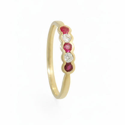 Ruby & Diamond 5 Stone Ring with 0.12ct of Round Brilliant Diamonds in 9ct Yellow Gold