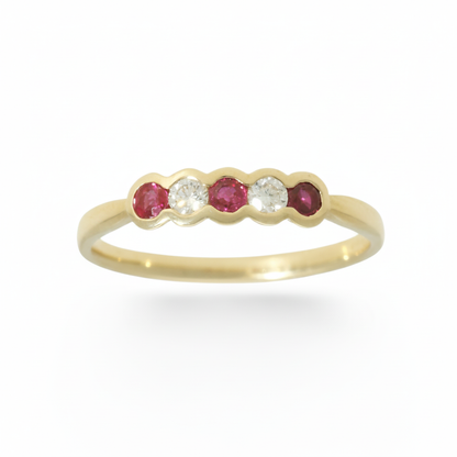 Ruby & Diamond 5 Stone Ring with 0.12ct of Round Brilliant Diamonds in 9ct Yellow Gold
