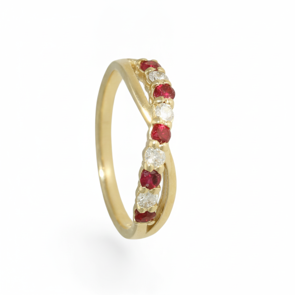 Ruby & Diamond Crossover Half Eternity Ring with 0.22ct of Round Brilliant Diamonds in 9ct Yellow Gold