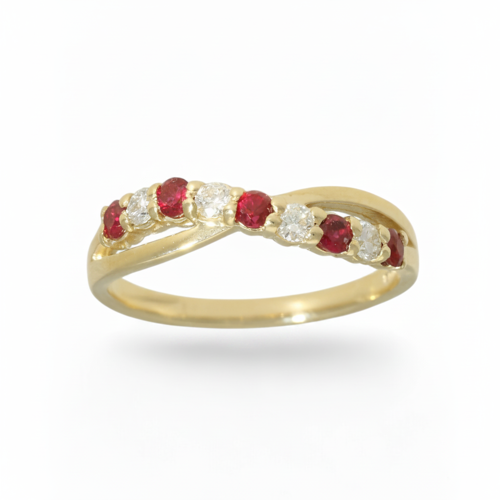 Ruby & Diamond Crossover Half Eternity Ring with 0.22ct of Round Brilliant Diamonds in 9ct Yellow Gold