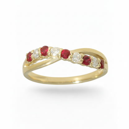 Ruby & Diamond Crossover Half Eternity Ring with 0.22ct of Round Brilliant Diamonds in 9ct Yellow Gold