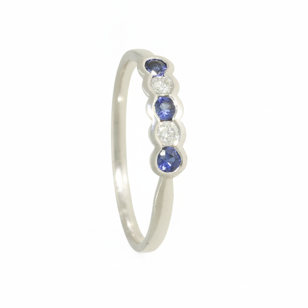 Sapphire & Diamond 5 Stone Ring with 0.12ct of Round Brilliant Diamonds in 9ct White Gold