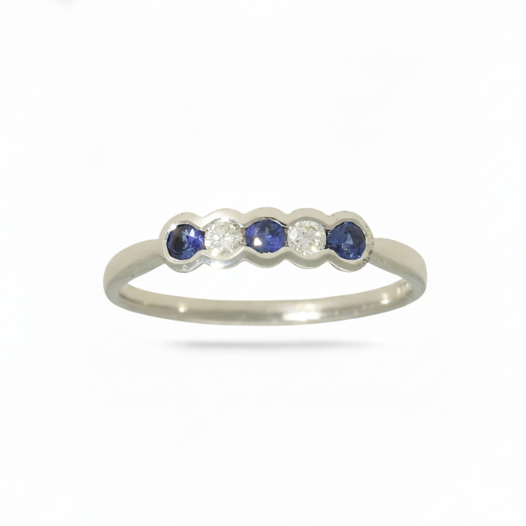Sapphire & Diamond 5 Stone Ring with 0.12ct of Round Brilliant Diamonds in 9ct White Gold