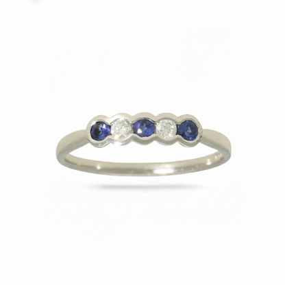 Sapphire & Diamond 5 Stone Ring with 0.12ct of Round Brilliant Diamonds in 9ct White Gold
