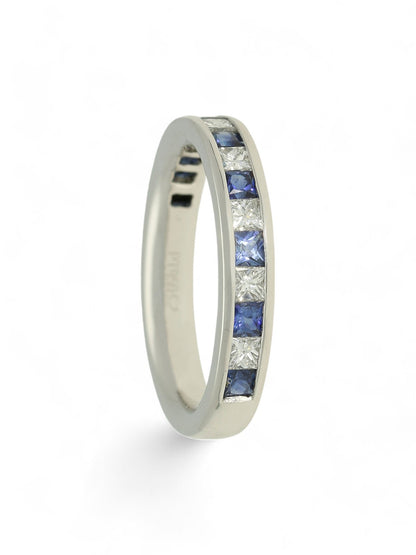 0.68ct Princess Cut Sapphire & 0.42ct Princess Cut Diamond Half Eternity Ring in Platinum