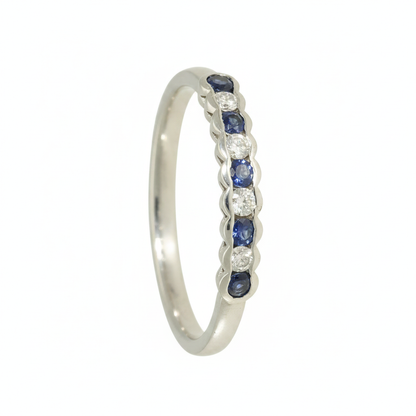 Sapphire & Diamond Half Eternity Ring with 0.12ct of Round Brilliant Diamonds in 9ct White Gold