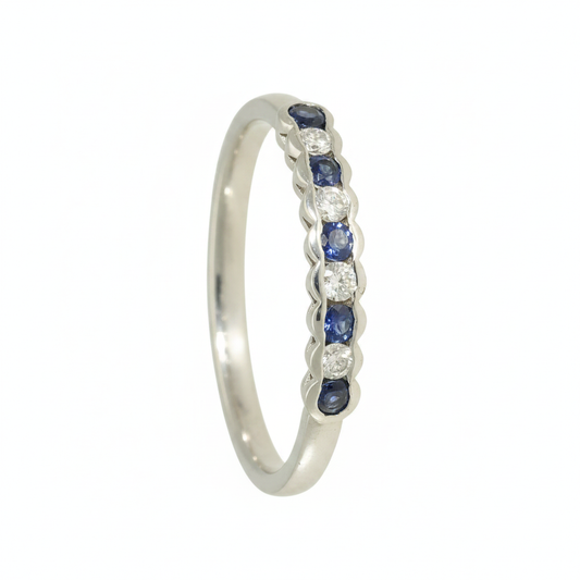 Sapphire & Diamond Half Eternity Ring with 0.12ct of Round Brilliant Diamonds in 9ct White Gold