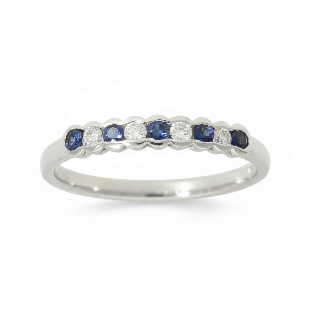 Sapphire & Diamond Half Eternity Ring with 0.12ct of Round Brilliant Diamonds in 9ct White Gold