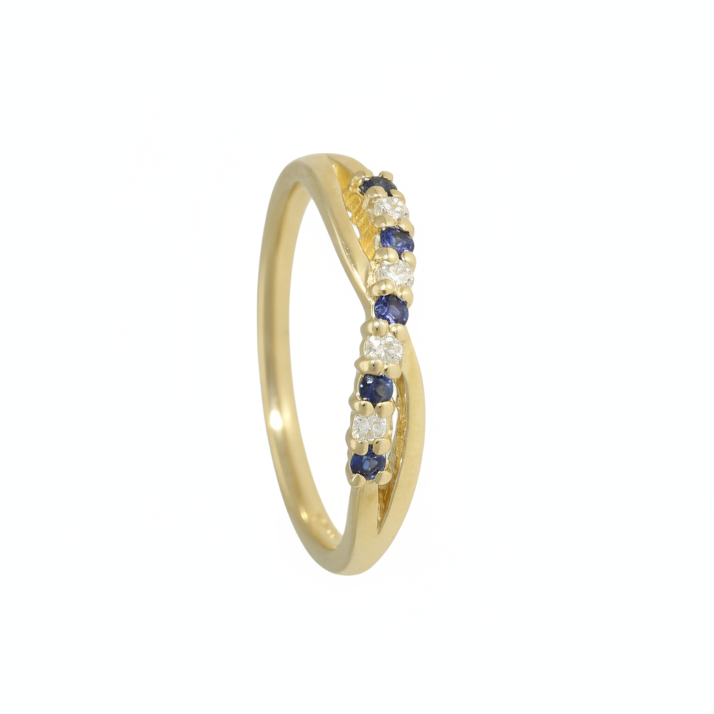 Sapphire & Diamond Crossover Half Eternity Ring with 0.10ct of Round Brilliant Diamonds in 9ct Yellow Gold