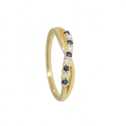 Sapphire & Diamond Crossover Half Eternity Ring with 0.10ct of Round Brilliant Diamonds in 9ct Yellow Gold