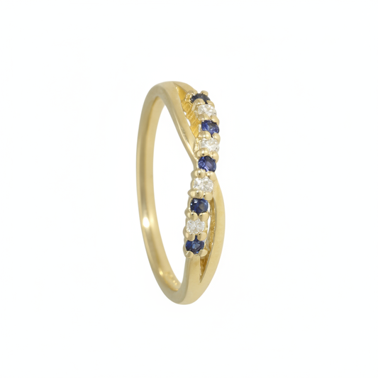 Sapphire & Diamond Crossover Half Eternity Ring with 0.10ct of Round Brilliant Diamonds in 9ct Yellow Gold