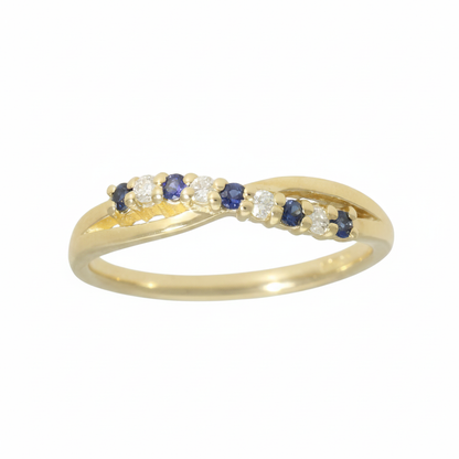 Sapphire & Diamond Crossover Half Eternity Ring with 0.10ct of Round Brilliant Diamonds in 9ct Yellow Gold