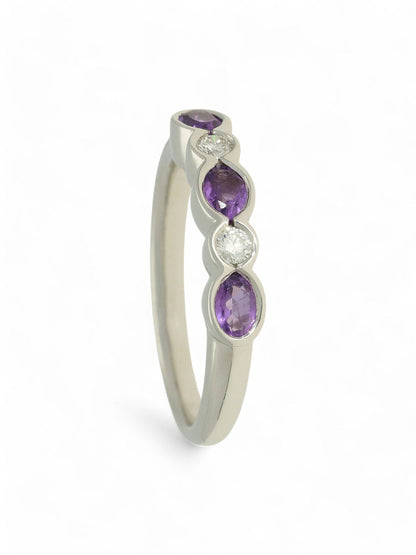 0.45ct Oval Cut Amethyst & 0.11ct Round Brilliant Cut Diamond Half Eternity Ring in 9ct White Gold