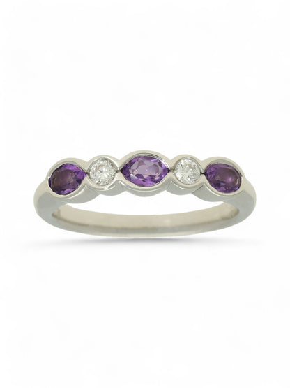 0.45ct Oval Cut Amethyst & 0.11ct Round Brilliant Cut Diamond Half Eternity Ring in 9ct White Gold